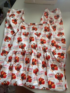 Thanksgiving Turkey Print Ruffled Dress - White with Orange & Brown Turkeys